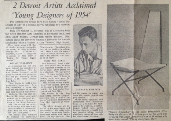 "2 Detroit Artists Acclaimed 'Young Designers of 1954.'" News clipping, 1954.  Edward and Ruth Adler Schnee Papers, Cranbrook Archives.   