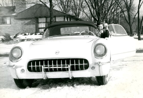 Suzanne Vanderbilt, again with her beloved Corvette, mid 1950s.  Suzanne Vanderbilt Papers, Cranbrook Archives. 