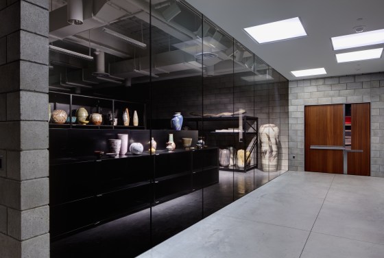 Ceramics vault in the newly built Collections Wing.  The first shelf is temporary shelving - it is used to curate within the collection. 2012. Jim Haefner/SmithGroup/Cranbrook Art Museum 