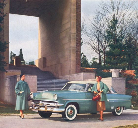 Advertisement for the '54 Ford, taken at the bottom of the Cranbrook Art Museum steps.  The ad was to appear in the February 1954 issues of Vogue, Harper's Bazaar and Town & Country. Cranbrook Archives. 