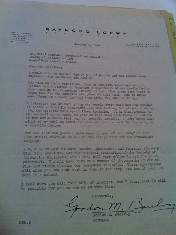A letter from Gordon Beurhig, car designer and manager for Raymond Loewy, to Eliel Saarinen. 1946, Cranbrook Archives.