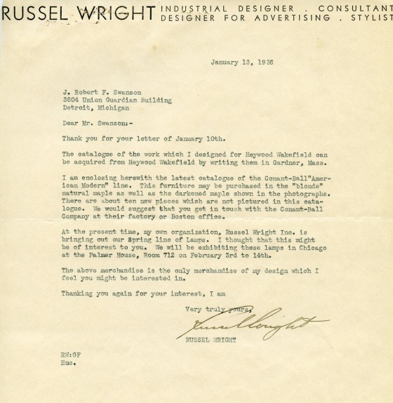 Russel Wright's response to J. Robert F. Swanson's request for information on his furnishings for Quartermore. 1936, Cranbrook Archives. 