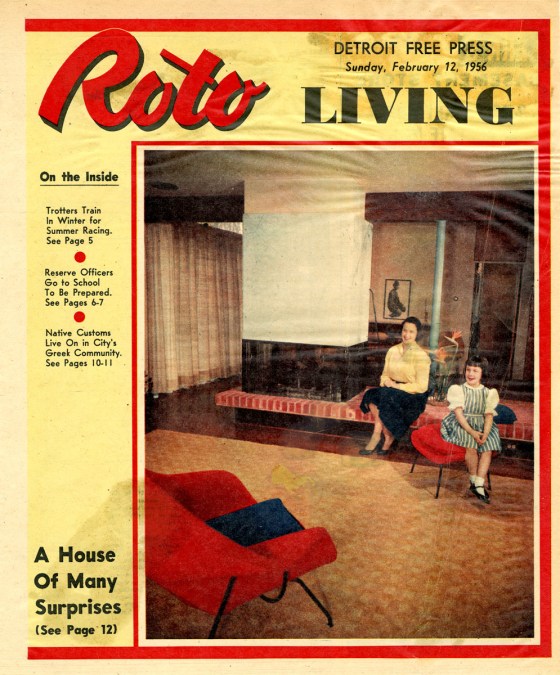 The Buckner residence appeared as the lead story in the Living section of the Detroit Free Press. Note the fireplace and the rug designed by Mitchell. February 12, 1956. Detroit Free Press/Ray Pillsbury.