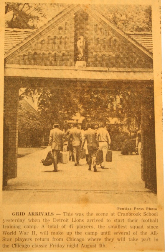 Detroit Lions players and coaching staff arrive at Cranbrook School for training camp. Pontiac Press, date unknown. 