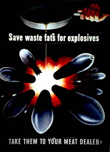 Poster advocating the re-use of waste fats in explosives. Henry Koerner, Printed by the Office of War Information, 1943. National Archives. 