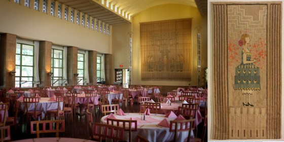 Left: Festival of the May Queen tapestry on view in the Kingswood dining hall. Right: Eliel and Loja Saarinen, Studio Loja Saarinen. Sample Weaving of a Young Maiden for the festival of the May Queen Tapestry, 1932. CAM 1979.20, Cranbrook Art Museum. 
