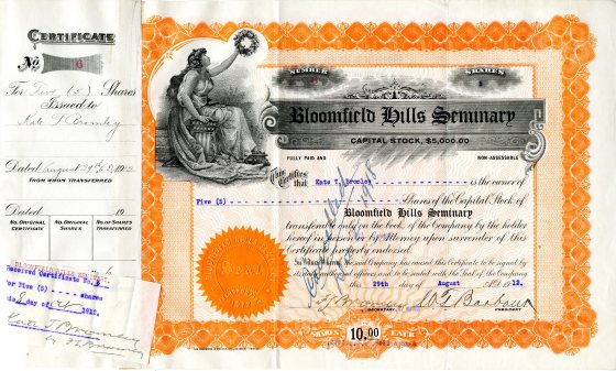 Stock certificate for the Bloomfield Hills Seminary issued in 1912/Courtesy Cranbrook Archives.