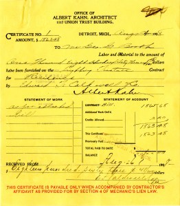 Albert Kahn’s bill to George Booth for Cranbrook House lighting fixtures provided by Edward.F. Caldwell Co.  Papers of George and Ellen Booth 14:23