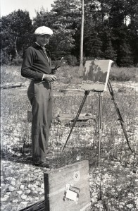 Dudley Blakely painting at group site, Bois Blanc Island, 1938. Cranbrook Archives.