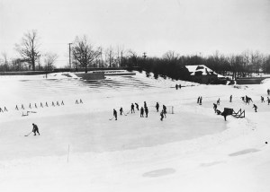 Boys from Cranbrook School playing hockey outdoors, 1928.