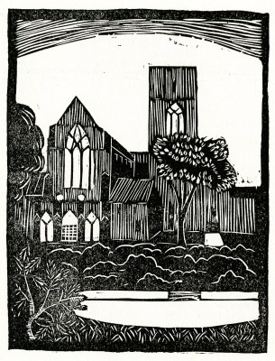 Christ Church Cranbrook, from "Highlights of Detroit". Cut by Eugene Reeber, Jefferson Intermediate School, 1932.