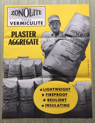 Zonolite plaster by Vermiculite purports to be insulating, crack-resistant, and fire-safe, ca 1951.