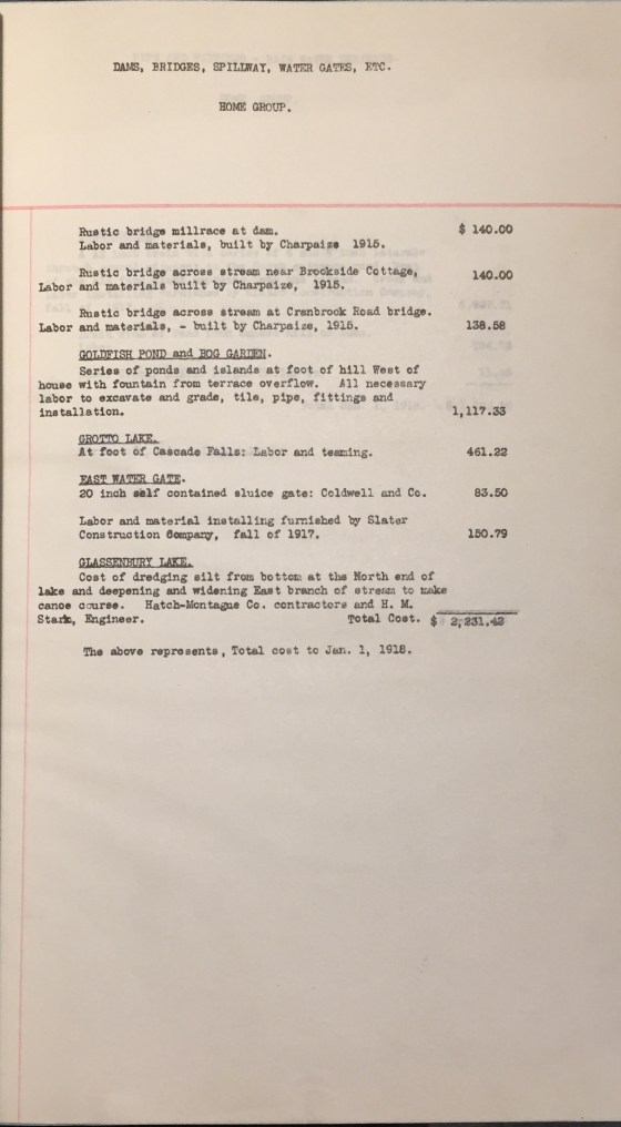 Page of appraisal listing three rustic bridges built by Albert Charpaize in 1915 Coats and Burchard Appraisal, 1914-1918 George Gough and Ellen Scripps Booth Financial Papers (1981-02) Cranbrook Archives, Center for Collections and Research