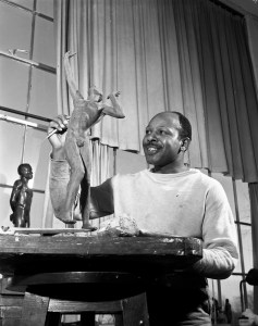 Oliver LaGrone at work in his studio at Cranbrook Academy of Art circa 1942. Courtesy Cranbrook Archives.
